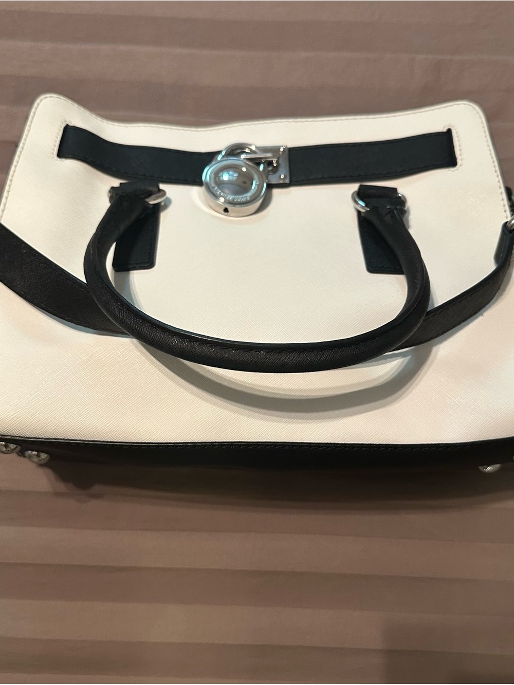 Michael Kors Cream and Black Leather Satchel with Silver Lock